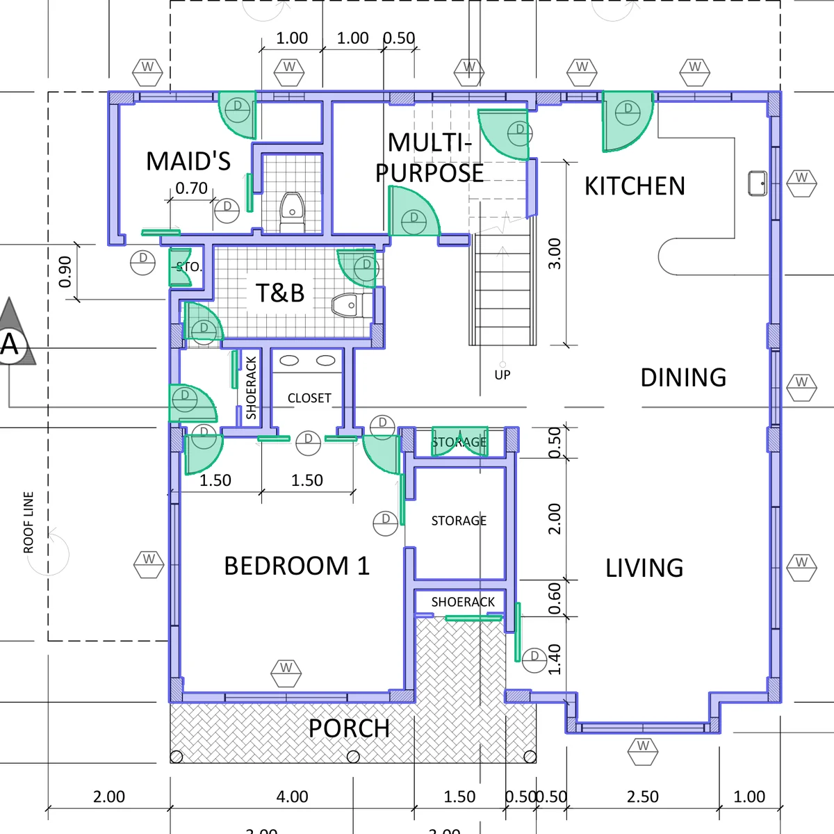 Floor plan with detected walls, doors
